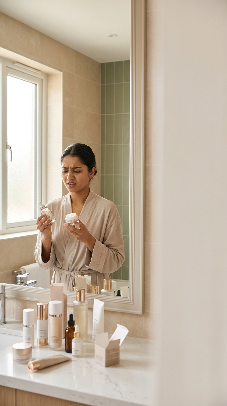 Woman overwhelmed by endless skincare choices
