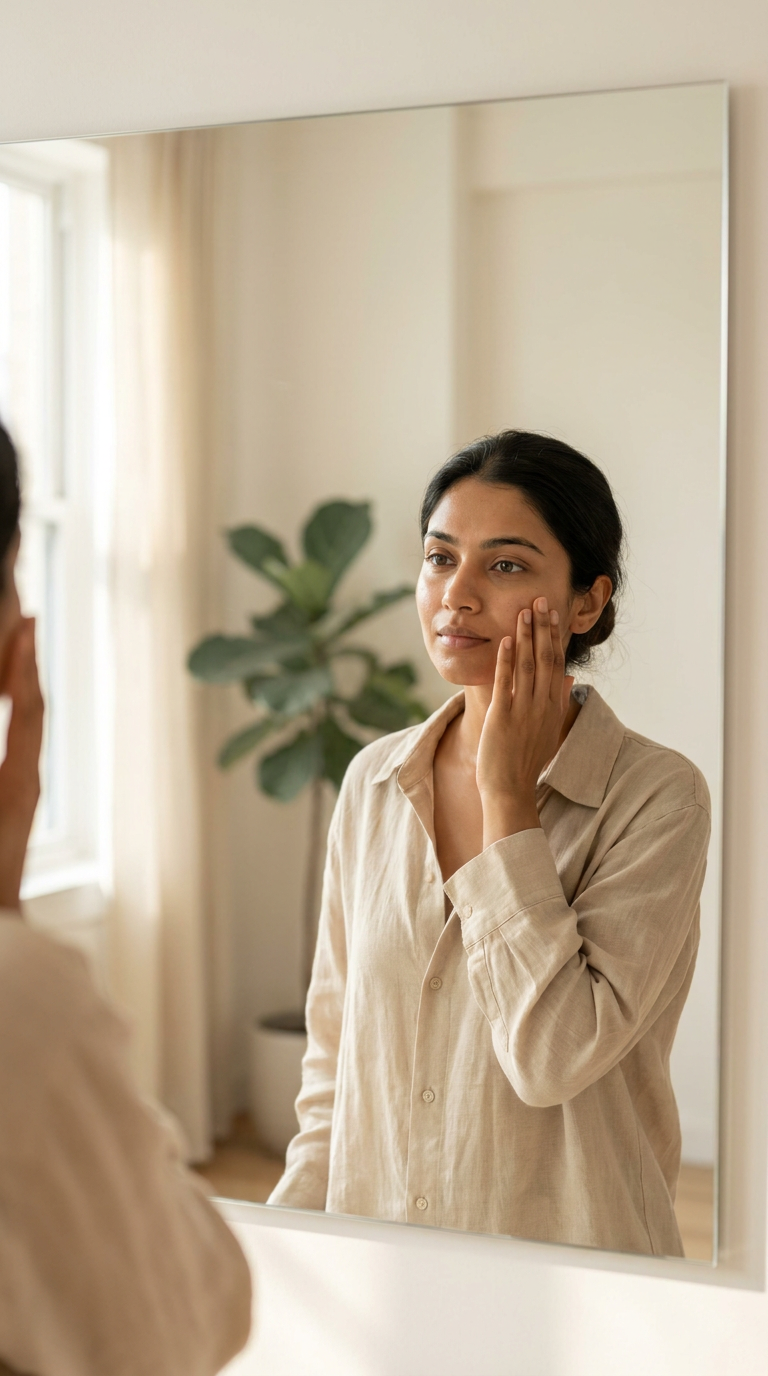 Woman thoughtfully looking at her skin – Lush Evening brand philosophy